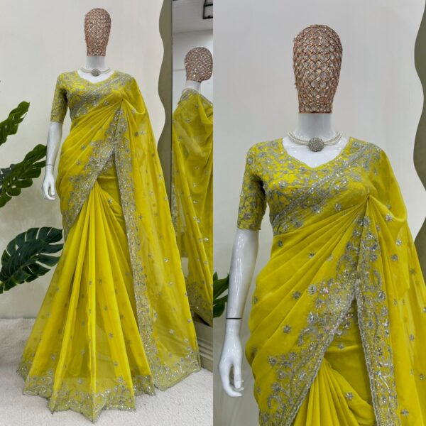 Lemon Yellow Tibby Silk Saree With Thread & Sequence work
