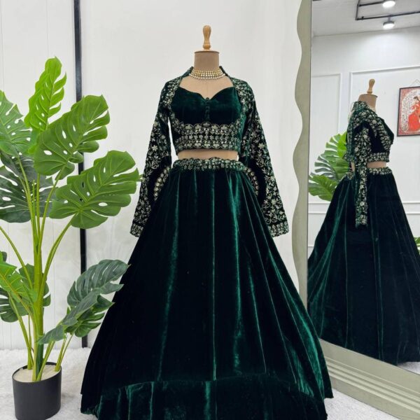 Green Viscose Velvet Lehenga