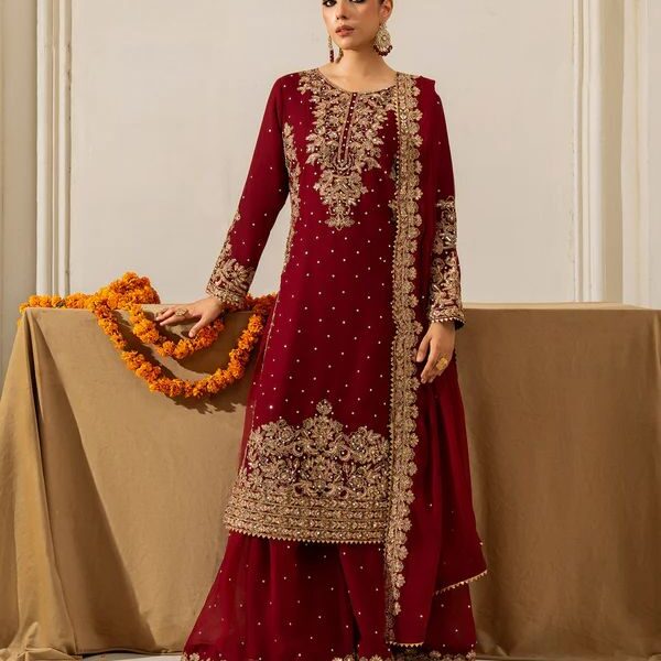 Red Faux Georgette Suit Set