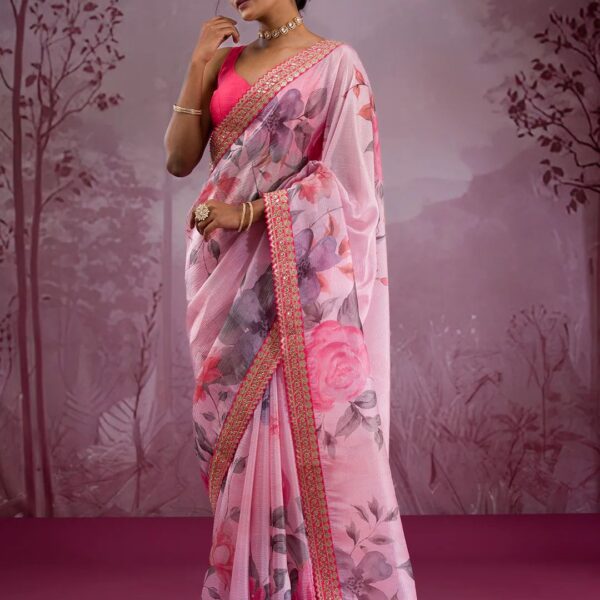 Pink Chinon Silk Saree with Floral Print