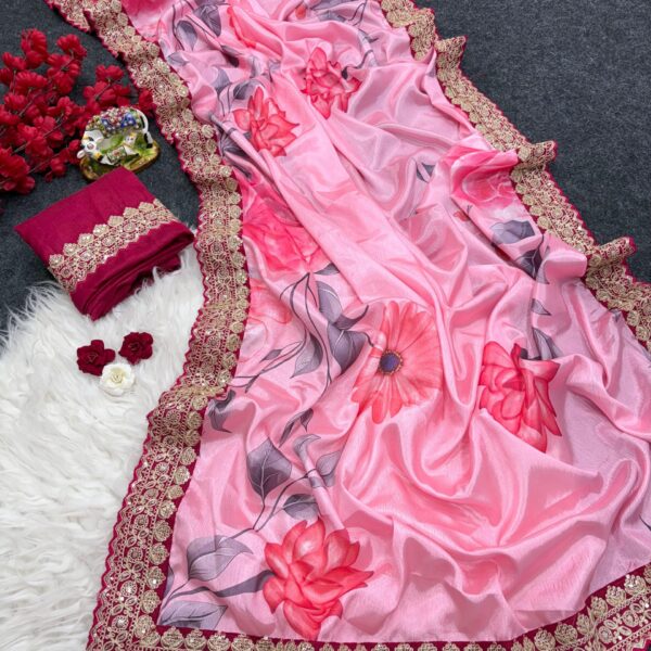 Pink Chinon Silk Saree with Floral Print