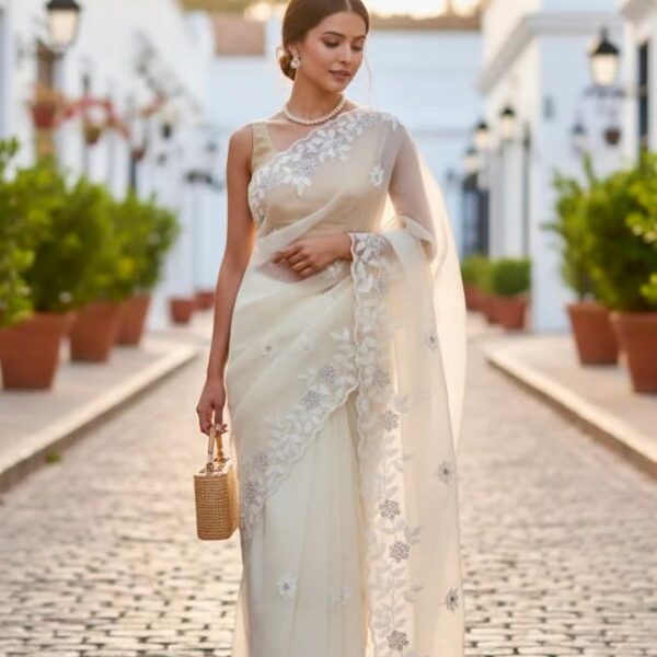 White Pure Organza Saree with Thread Work