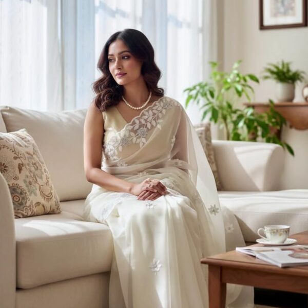 White Pure Organza Saree with Thread Work