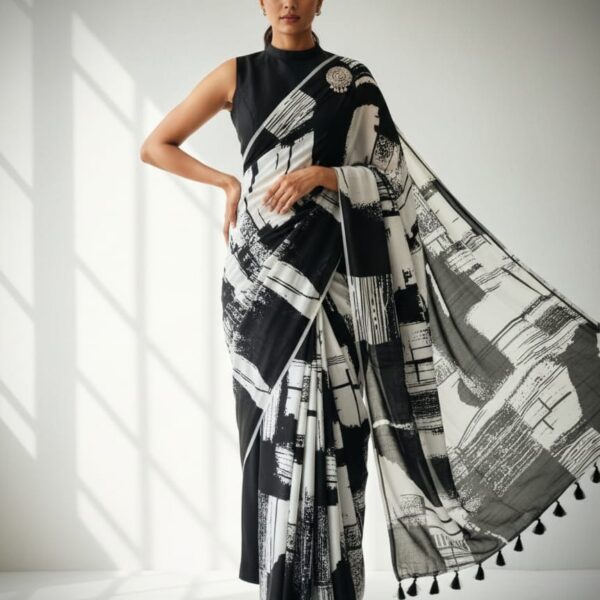 Heavy marshmallow georgette saree with black white