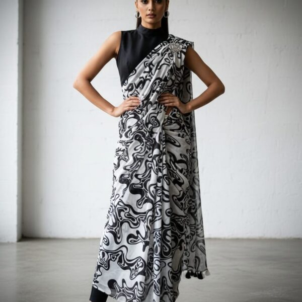 Heavy marshmallow georgette saree with black white