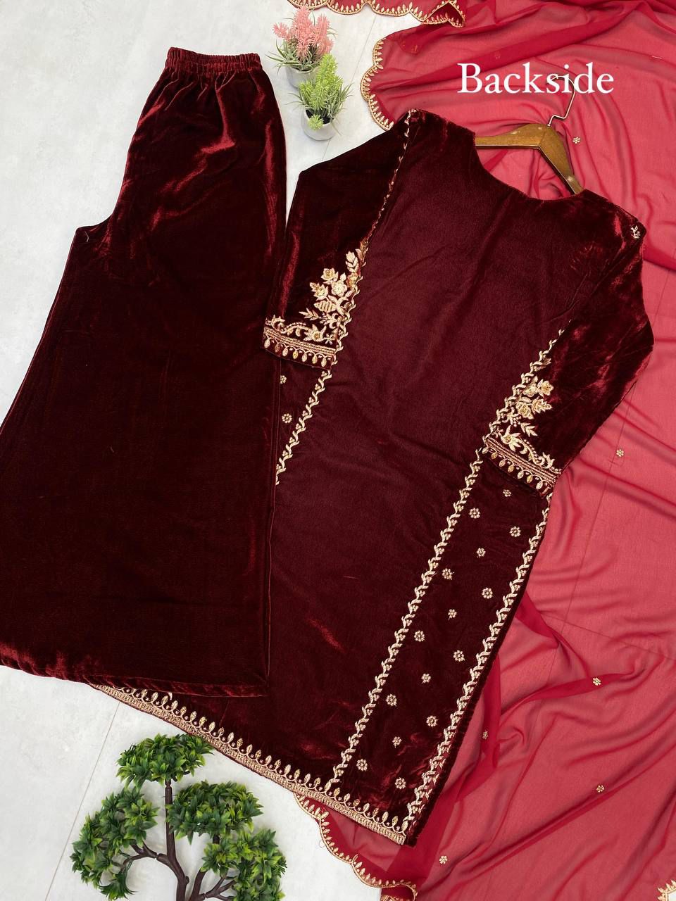Blood Red Velvet Kurti Set - Image 5