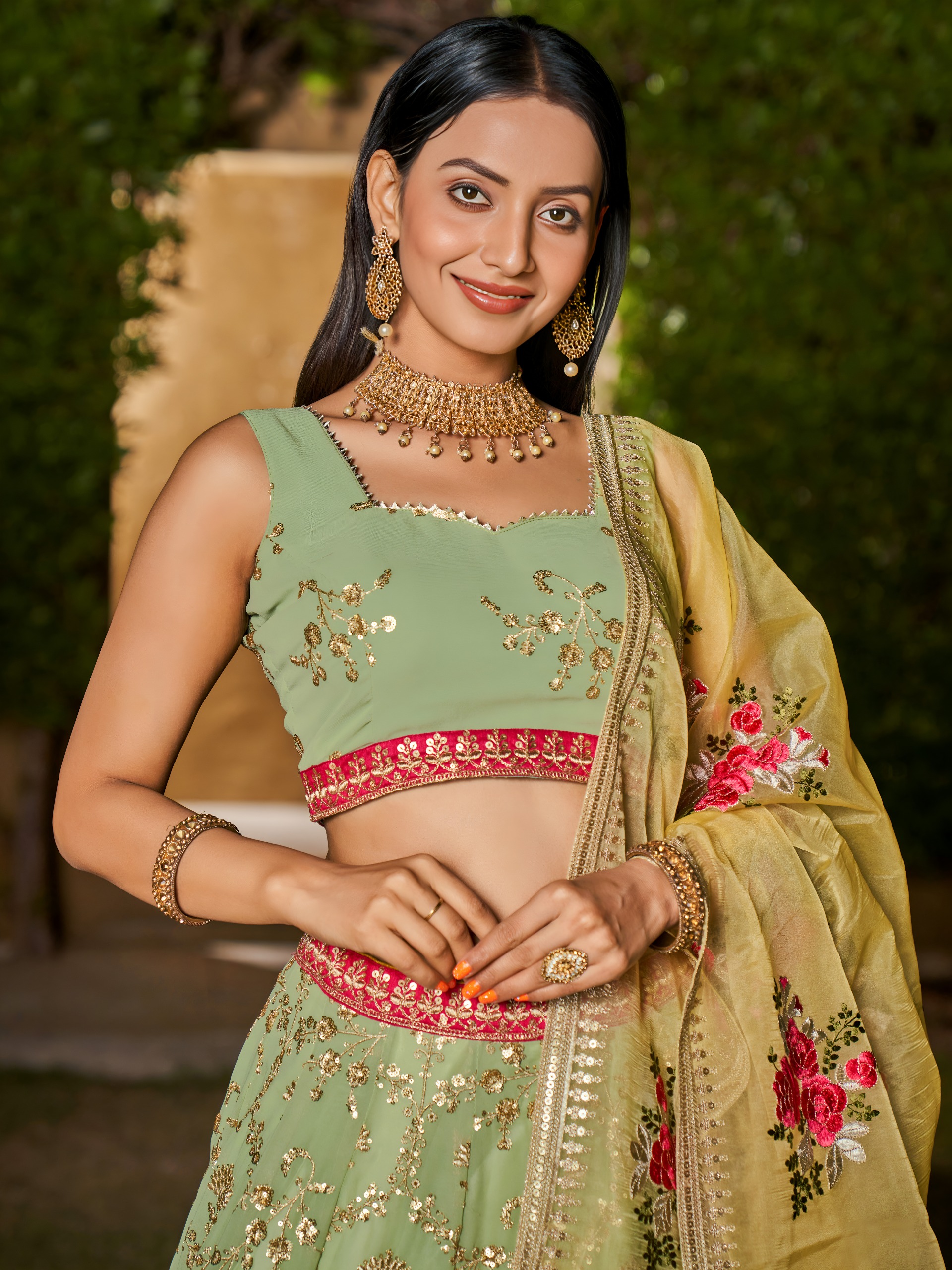 Pista Green Embroidered Lehenga Set
