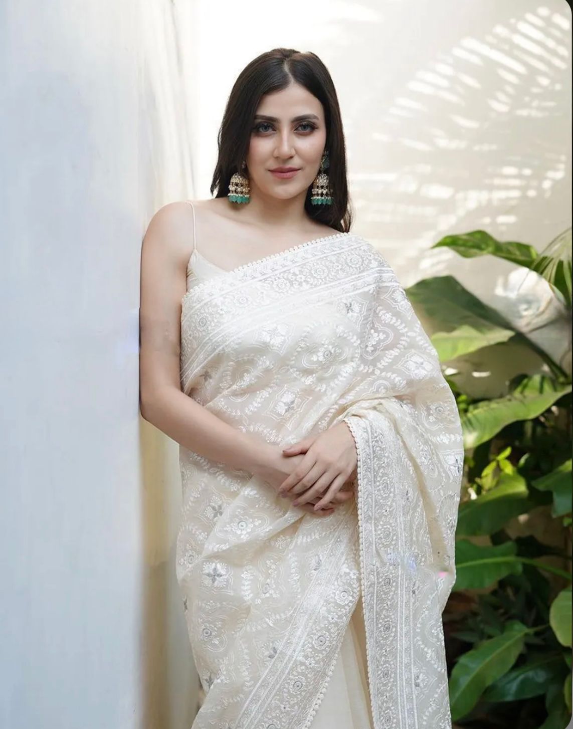 Pure Soft Off-White Silk Organza Saree