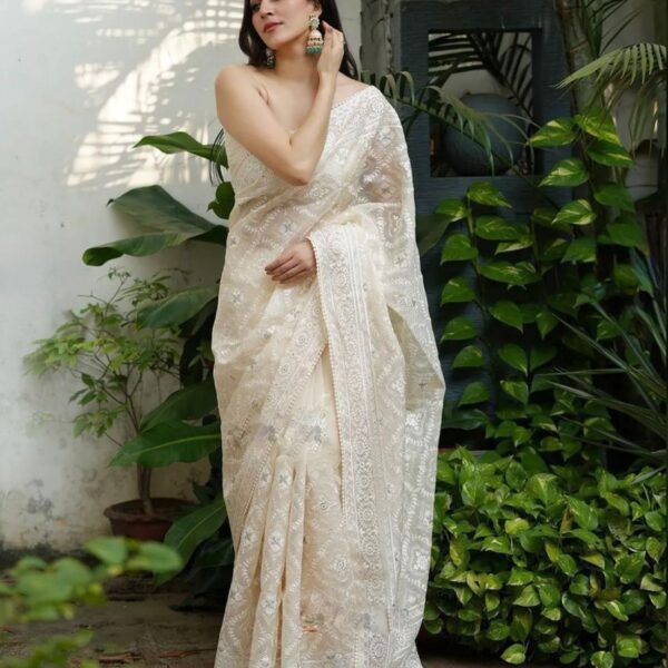 Pure Soft Off-White Silk Organza Saree