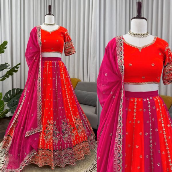 Red and Mixed Foux Georgette Lehenga Choli