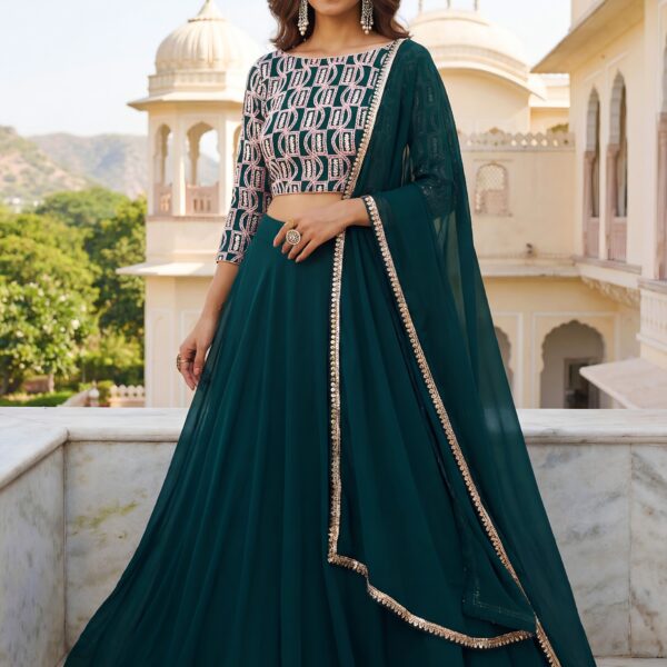 Teal Green Embroidered Georgette Lehenga