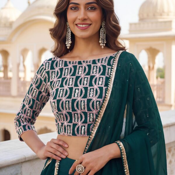 Teal Green Embroidered Georgette Lehenga