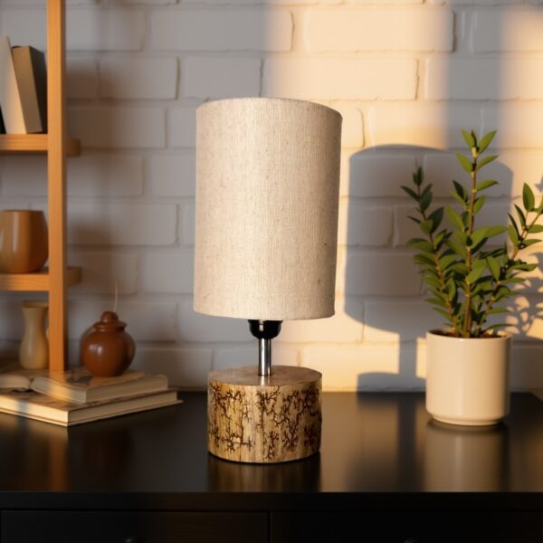 Wood Table lamp with Beige Cotton Shade Carved
