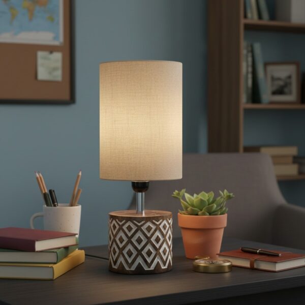 Wood Table lamp with Beige Cotton Shade