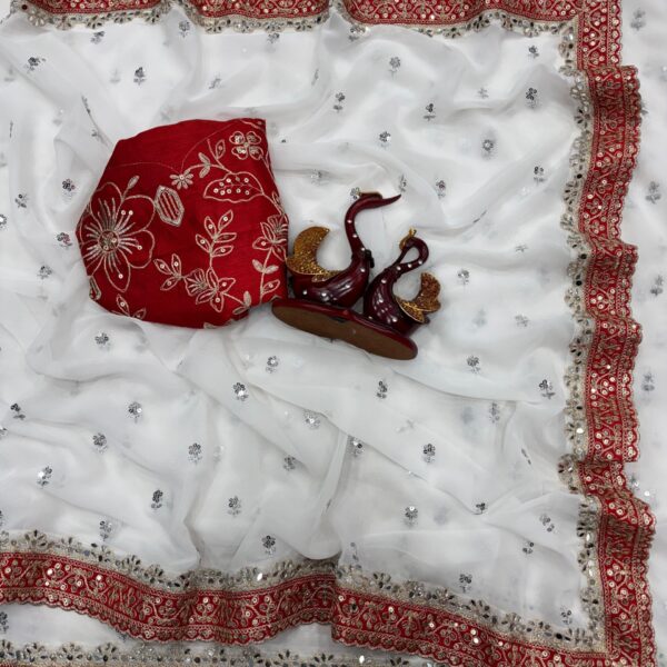 White Pure Georgette Saree with Mirror Work