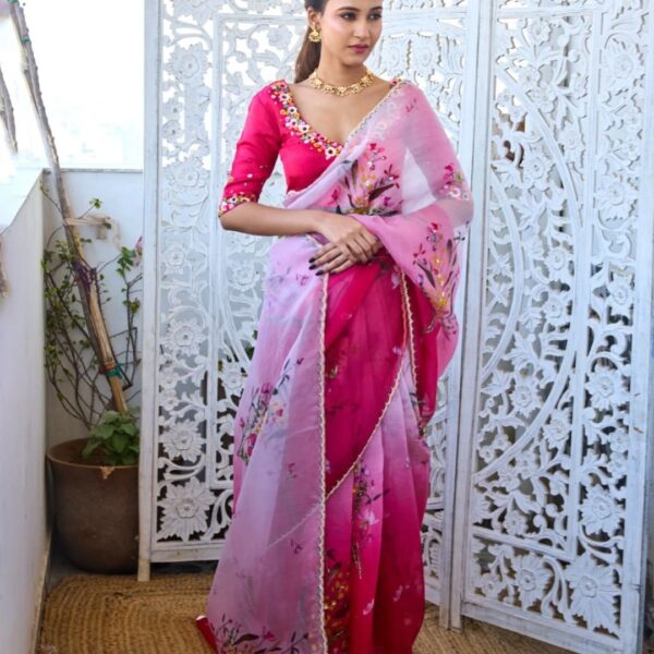 Pink White Soft Tebby Silk Saree