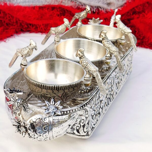 Antique German silver boat platter with 3 parrot bowl