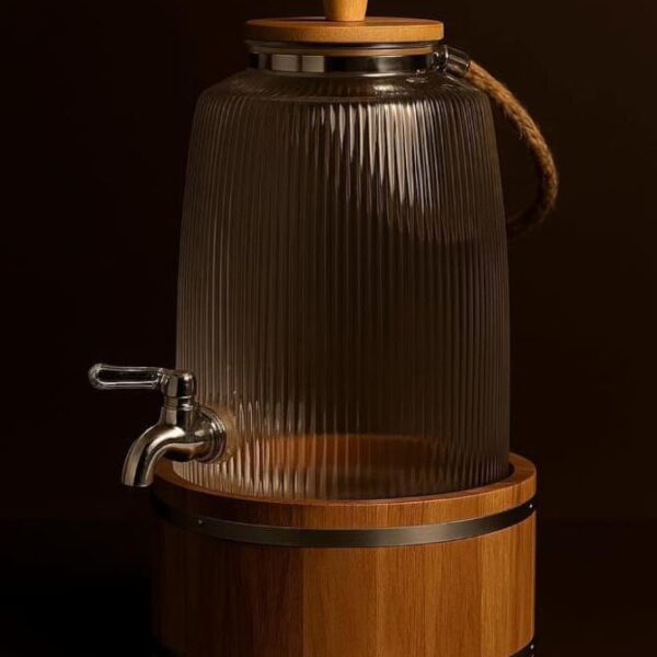 Glass Beverage Dispenser with Wooden Stand