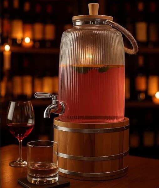 Glass Beverage Dispenser with Wooden Stand