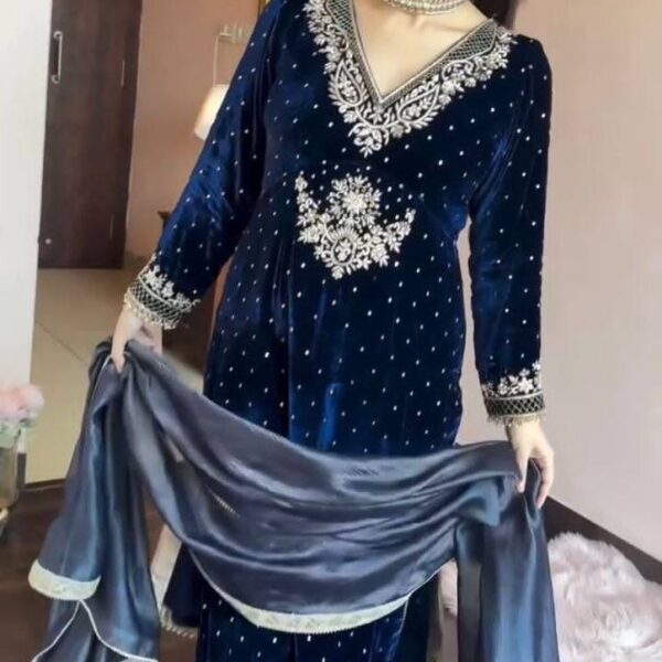 Blue Viscose Thread Work Suit Set