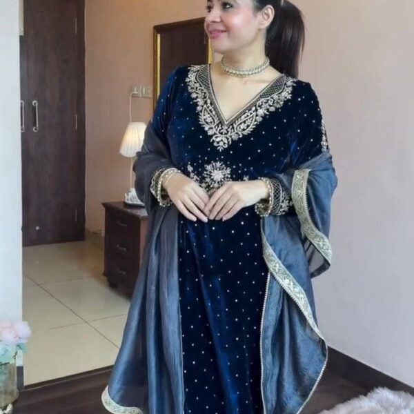 Blue Viscose Thread Work Suit Set