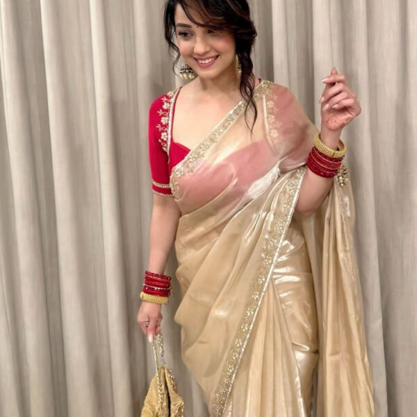 Gold Satin Jimmychoo designer Saree