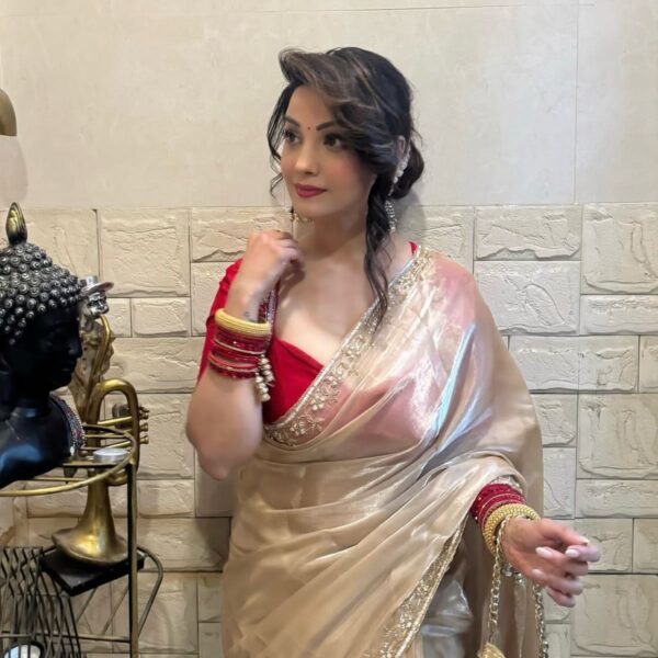 Gold Satin Jimmychoo designer Saree