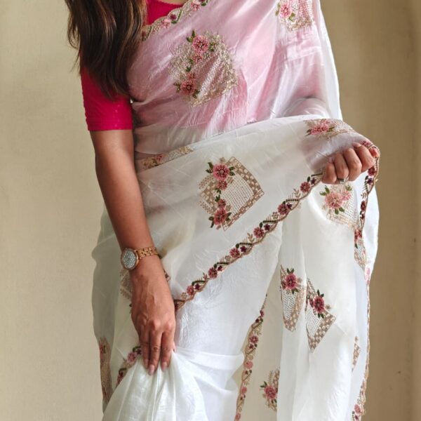 Pure paper silk crush saree with floral embroidery