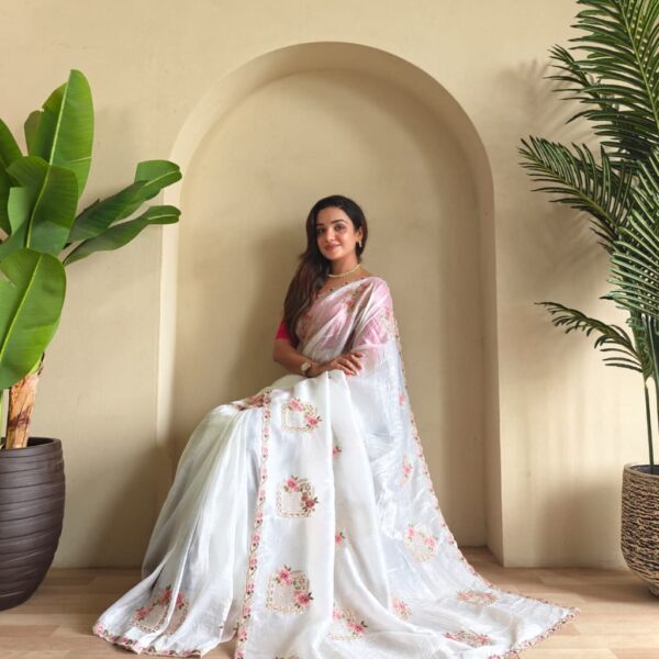 Pure paper silk crush saree with floral embroidery