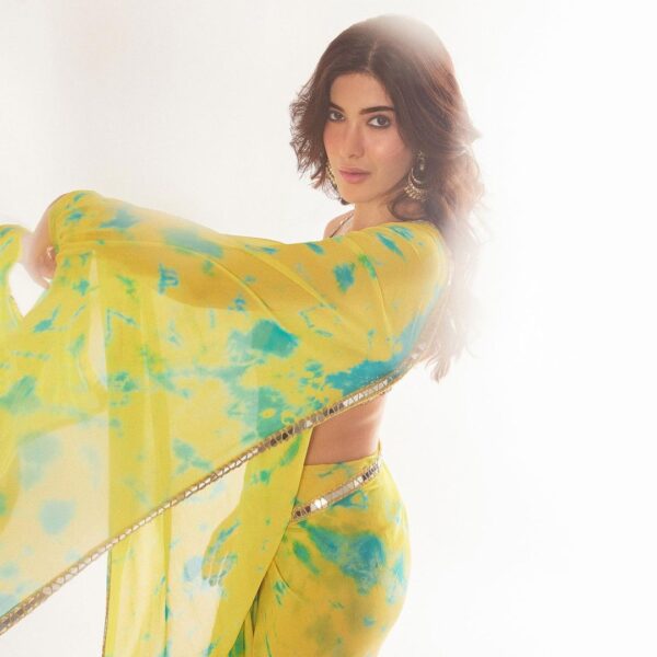 Yellow Georgette digital printed saree