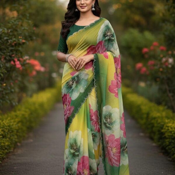 Soft Tabi Silk Organza Flower Print Saree