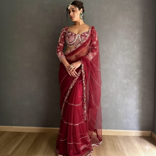 Red Premium Net Embellished Saree