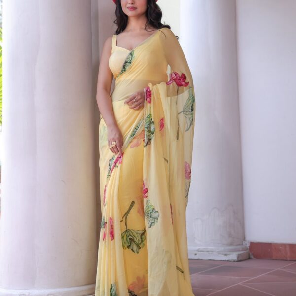 Yellow Soft Tebby Silk Saree with Print