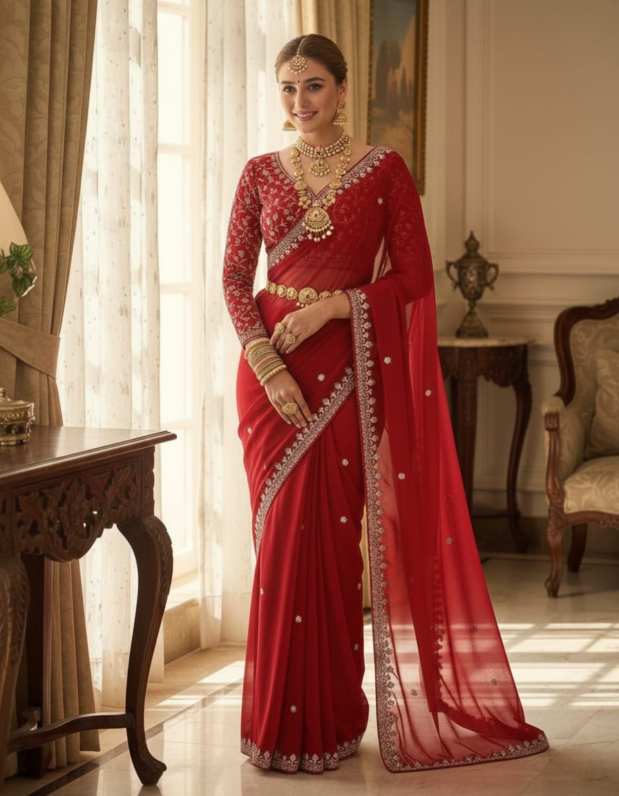 Red Soft and Elegant Georgette Saree - Image 2