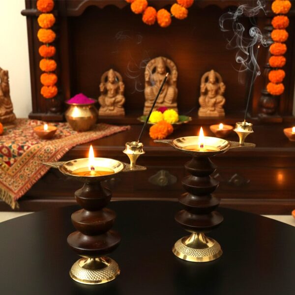 Sheesham Wood Pure Brass Work Diya