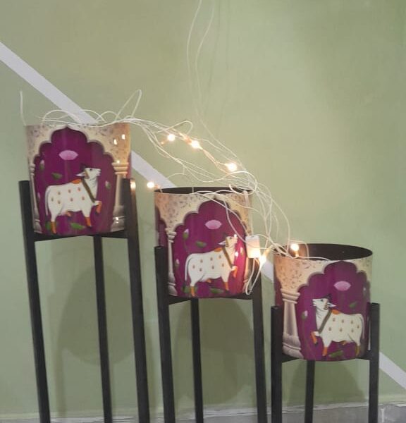 Metal Orange Pichwai Cow print planters