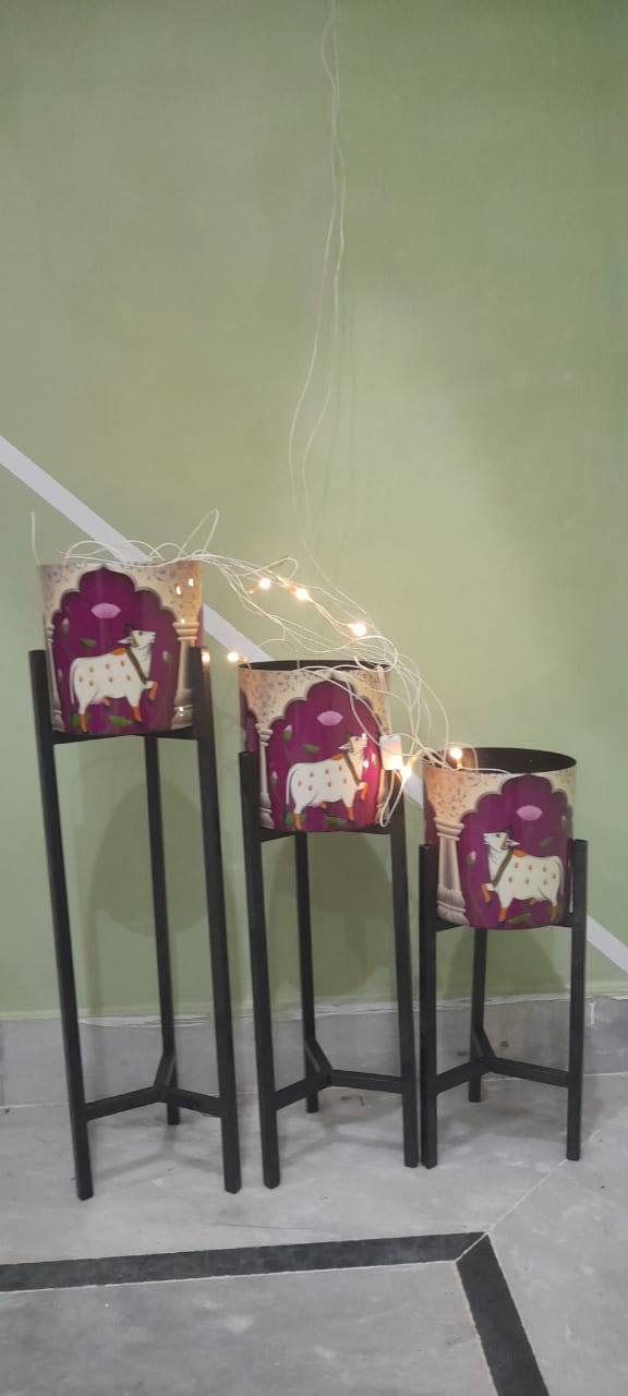 Metal Orange Pichwai Cow print planters