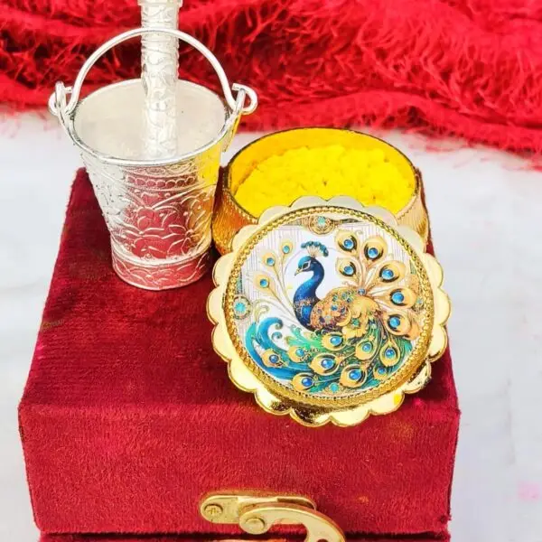 German silver Holi combo with Gold plated acrylic Gulal box