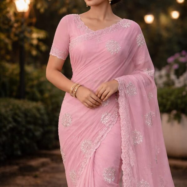 Soft crystal organza saree with jarkhan work