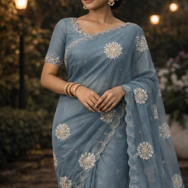 Soft crystal organza saree with jarkhan work