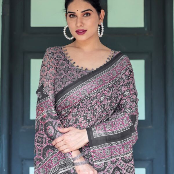 Ajrakh Printed Elegant Linen Cotton Saree