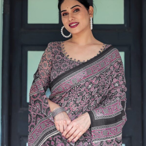 Ajrakh Printed Elegant Linen Cotton Saree