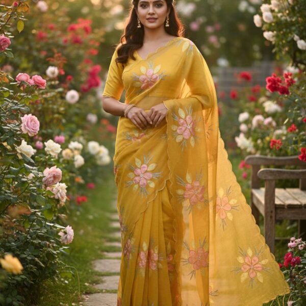 Yellow Pure bari chiffon silk saree