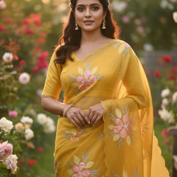 Yellow Pure bari chiffon silk saree