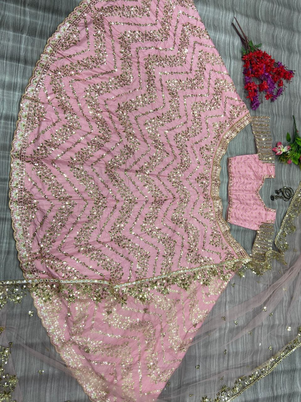 Pink Premium Chinon Silk Heavy lehenga Choli - Image 4