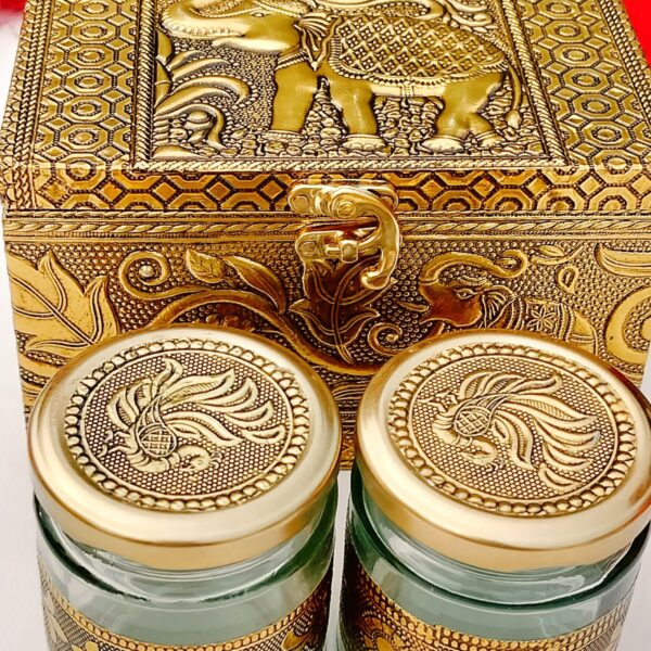 Gold plated antique finish Rajwadi box with 2 dry fruit jar
