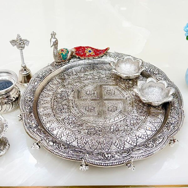 German silver hand engraved puja thali