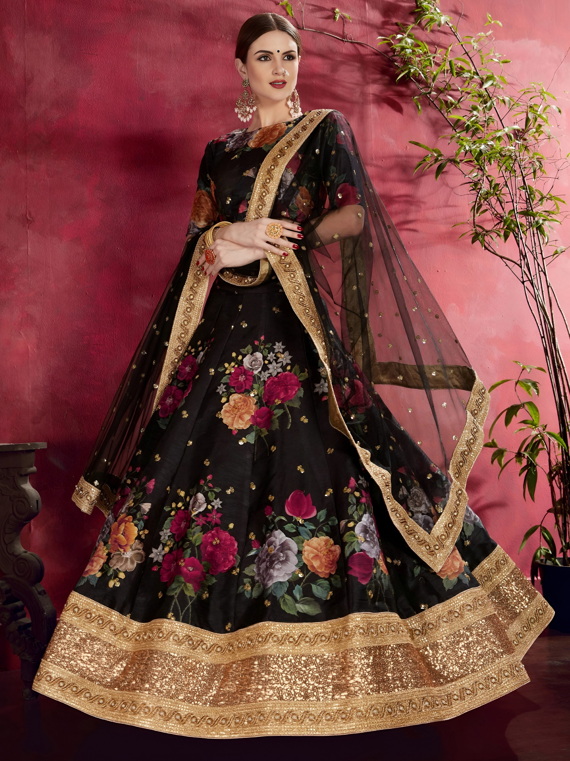 Black Floral Printed Lehenga with Designer Blouse - Image 3