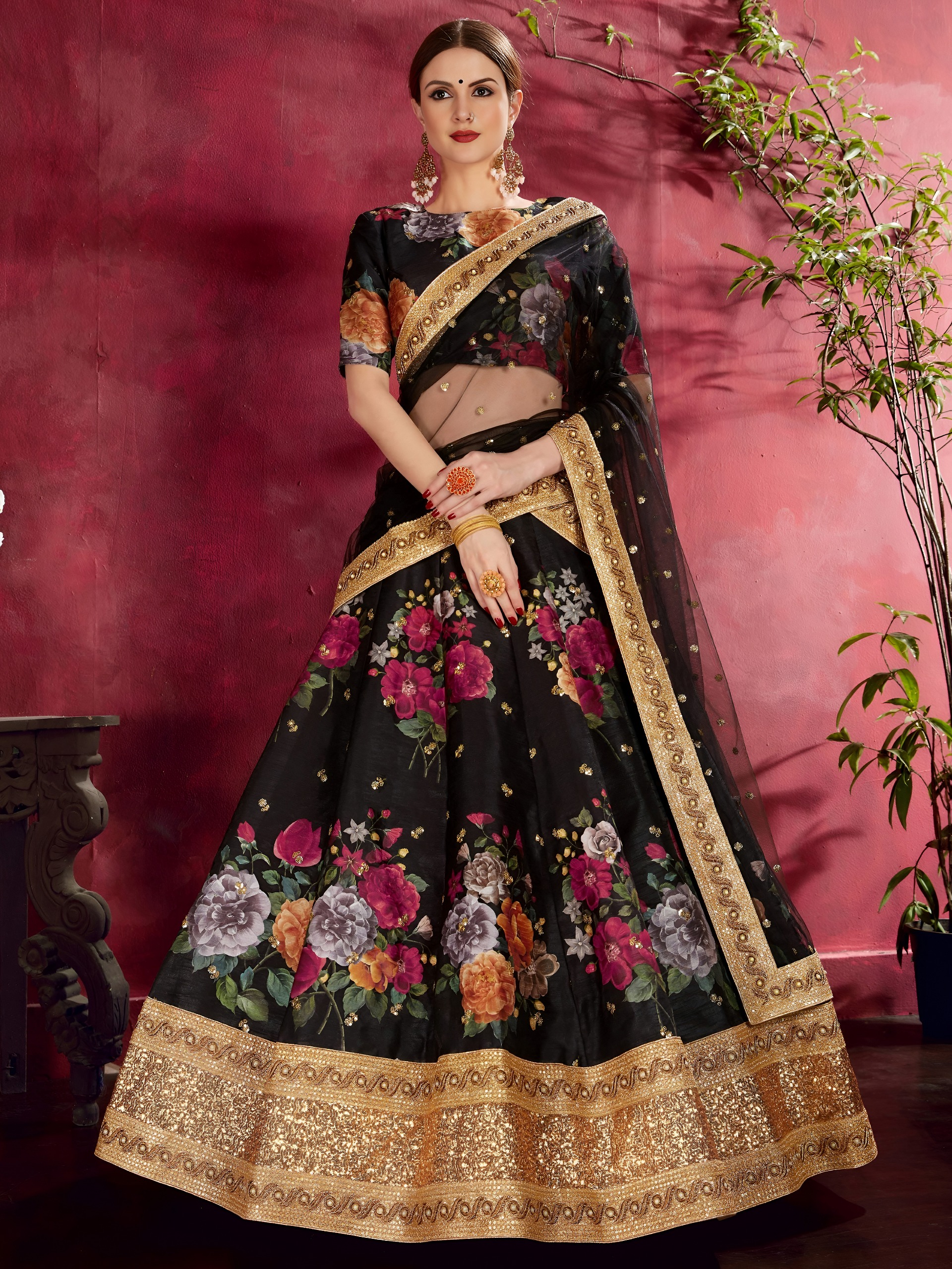 Black Floral Printed Lehenga with Designer Blouse - Image 2