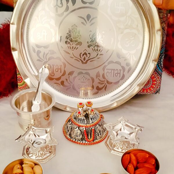 German silver Laxmi Ganesh engraved Pooja Set with laxmi charan